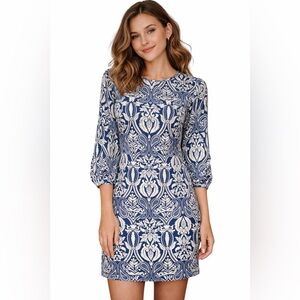 Love Culture Elegant Blue and Cream Long Sleeve Dress